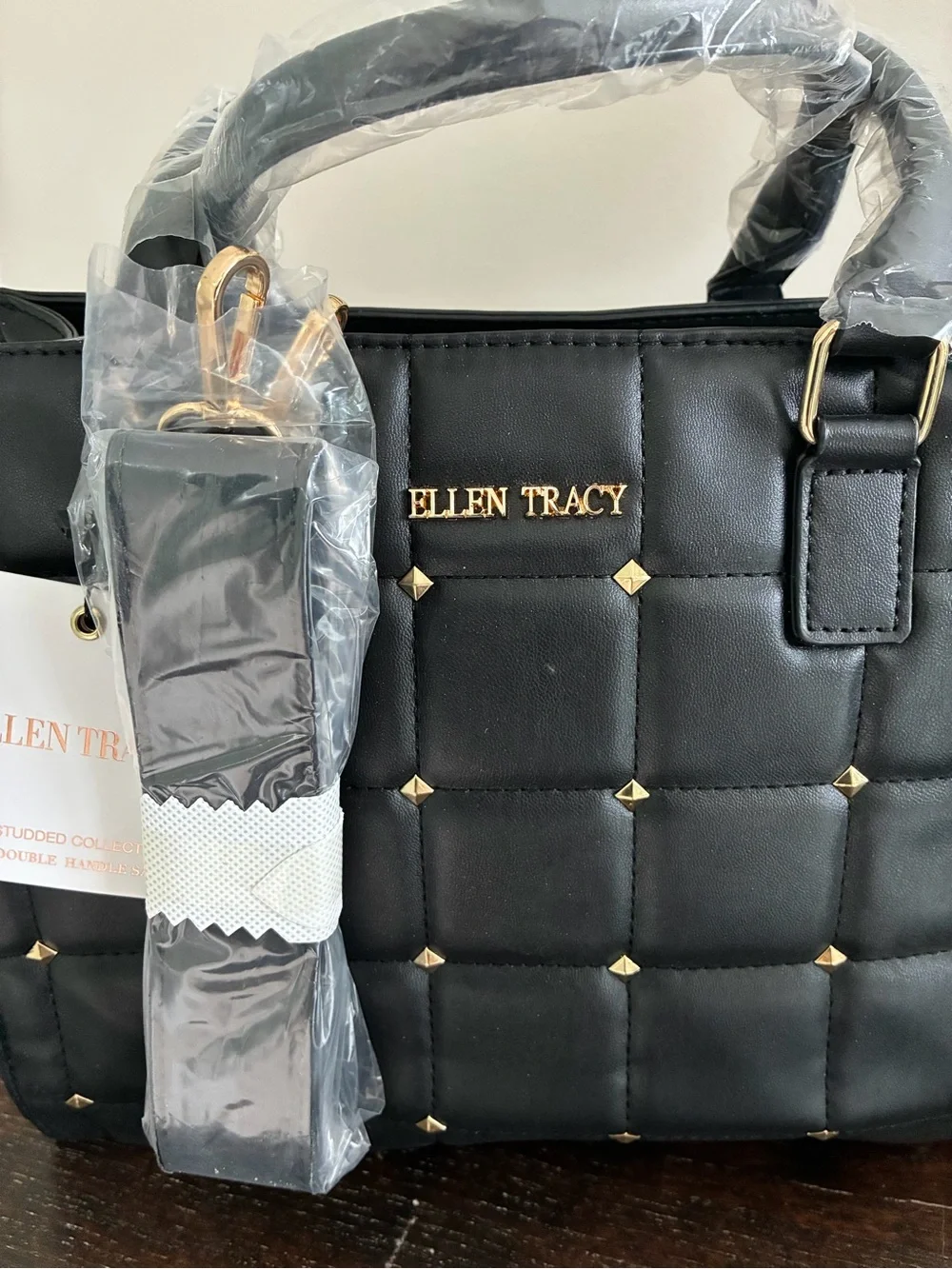 Ellen Tracy Black Quilted and Studded Top-Handle Satchel with Gold Accents